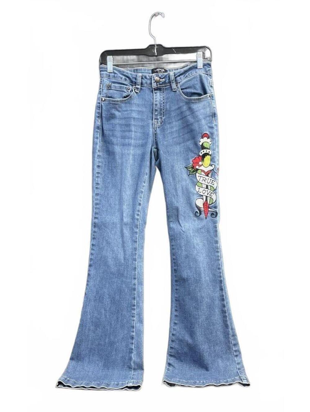Ed Hardy Denim Size 28 Blue Embroidered Flare Jeans